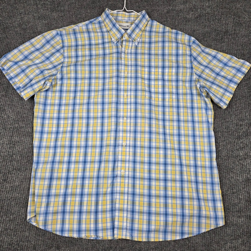 Saddlebred Mens XXL Short Sleeve Button Down Shirt Blue Yellow Plaid Classic Fit